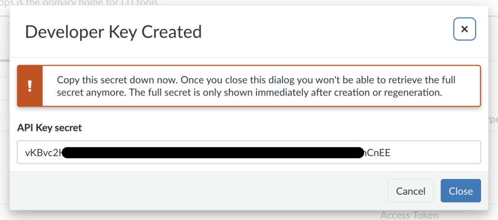 Window showing the secret for an API key